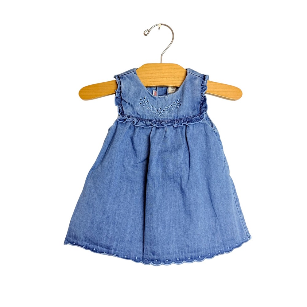 Zara Mini Baby Girl Blue Denim Eyelet Ruffle Scallop Hem Dress Size 3-6 Months